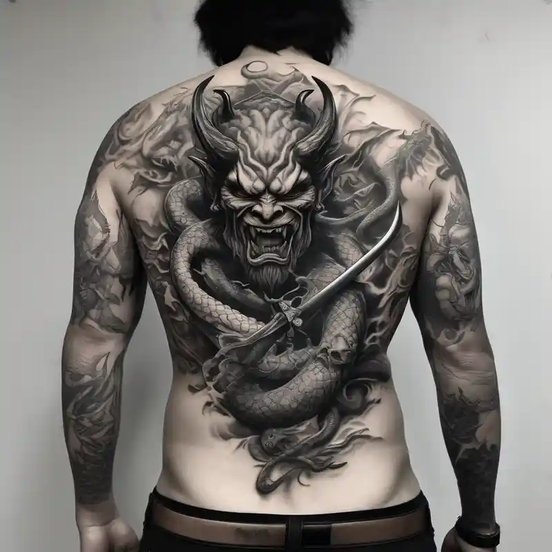 Back Tattoo with An Oni With a broken mask and a Sword, Dragons & snakes men ear tattoo – リアリスティック, 白黒